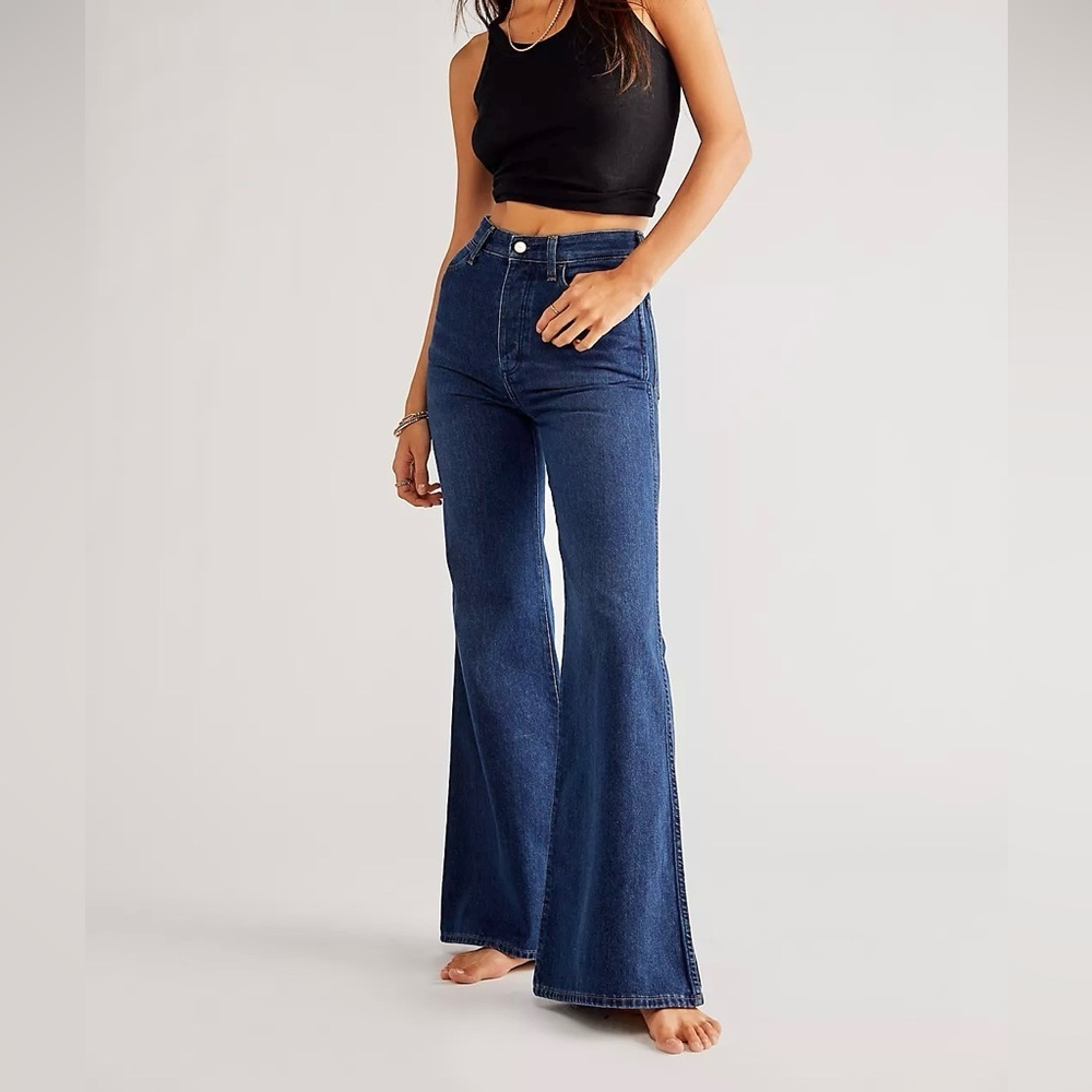 Free People X Wrangler Wanderer High Rise Flare Jean Blue Horizons NWT
